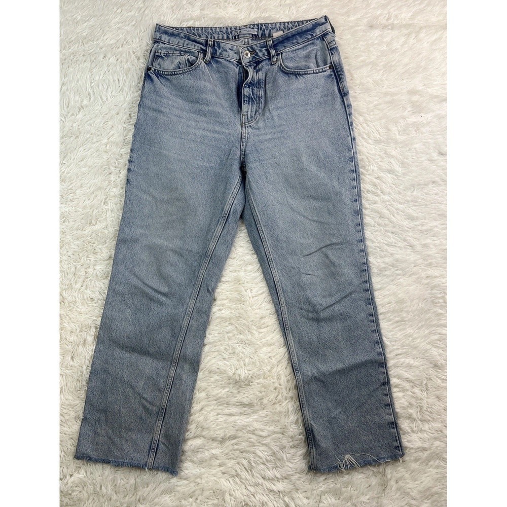 Zara Women's Straight Leg Light Wash Denim Jeans Size 12 Button Zip
